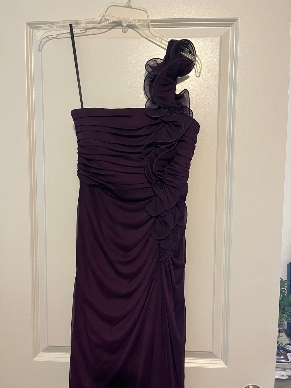 One-Shoulder Ruffled Evening Gown in Deep Plum